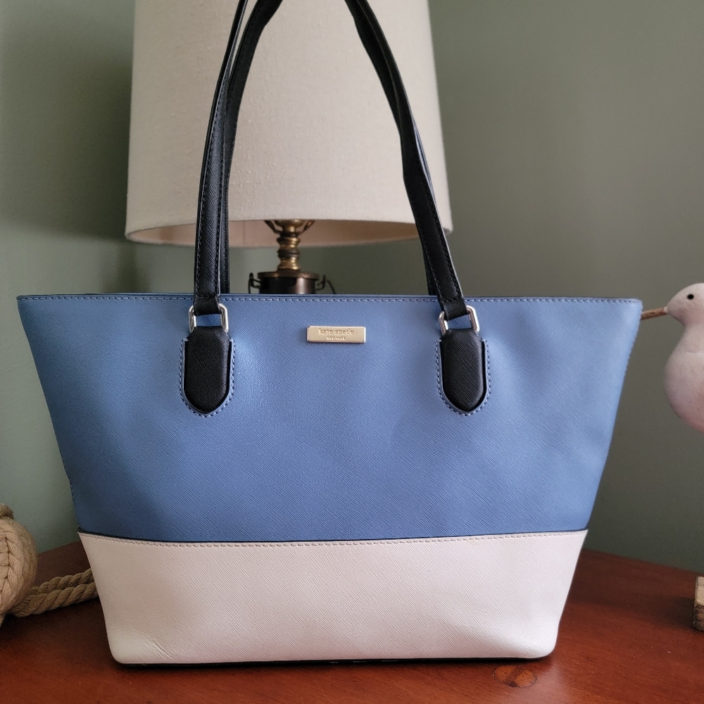 Kate Spade Laurel Way Dally Blue White Colorblock Leather Tote Shoulder Bag